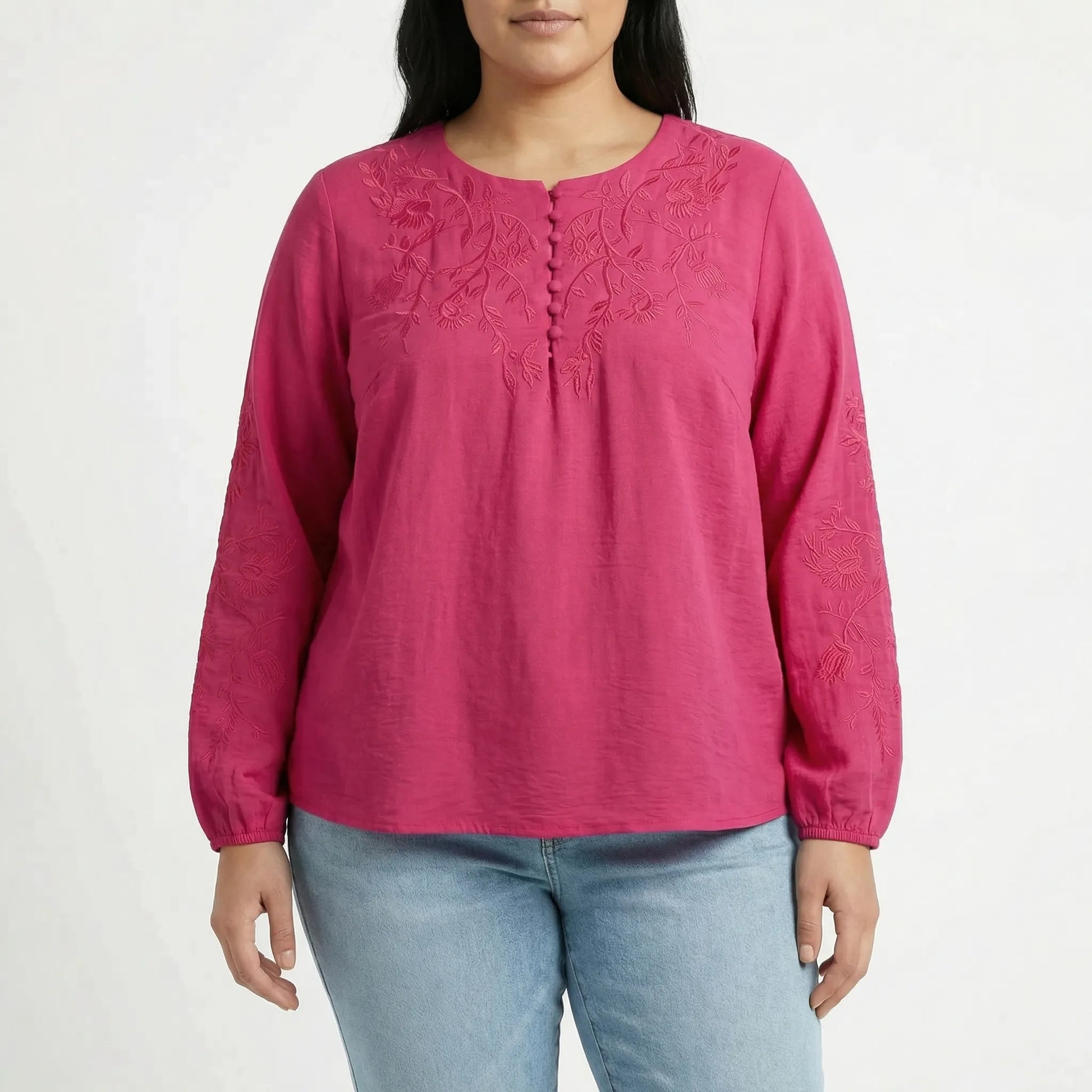 Loose Long Sleeve Embroidered Shirt - Joan