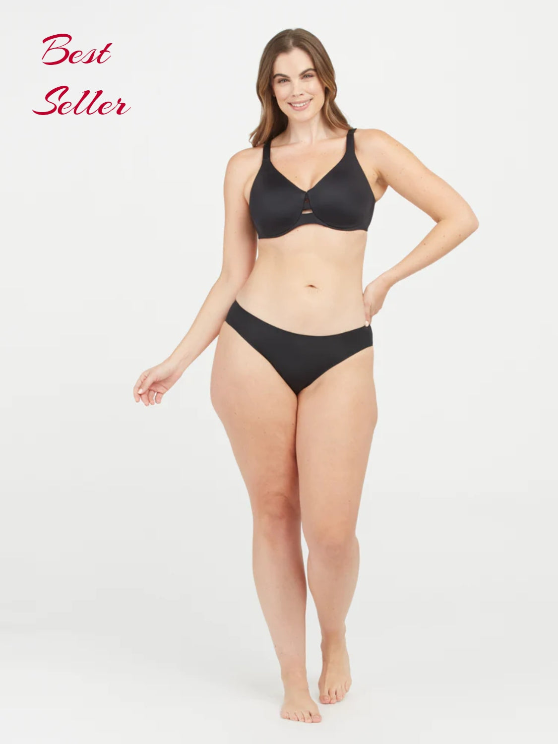 Frau in schwarzem Minimizer-BH und Slip, nahtlos, bequem, Bestseller-Dessous.