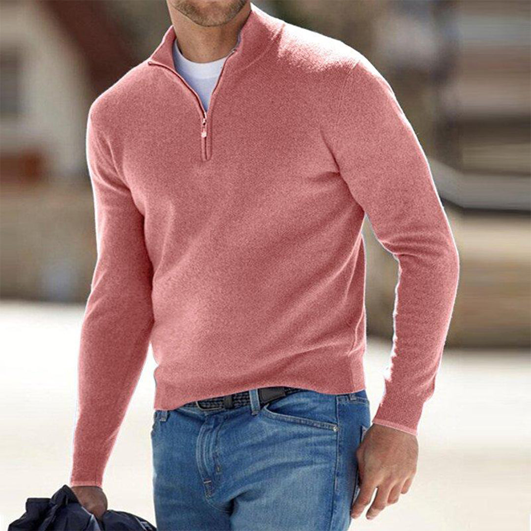 Rosa Herrenpullover mit Reißverschluss, Langarm, Freizeitmode, Baumwolle, stilvoll, bequem.