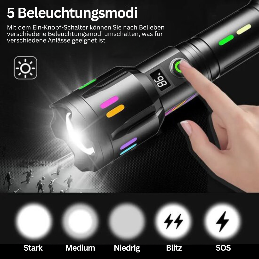 Schwarze LED-Taschenlampe mit 5 Modi, Ein-Knopf-Schalter, leuchtende Akzente, Hand gehalten.