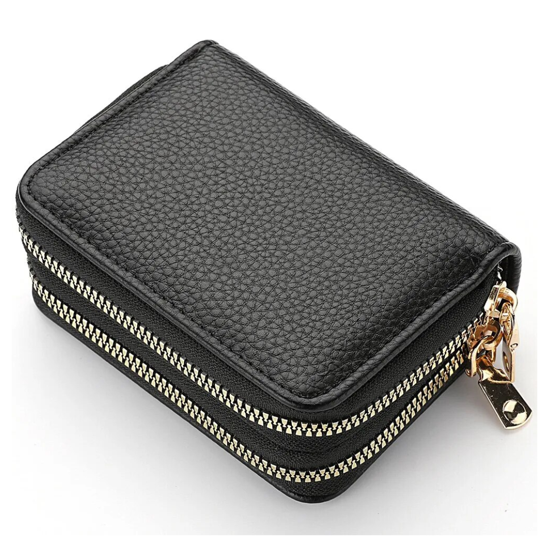 Schwarzes Lederportemonnaie mit Lychee-Muster, Reißverschluss, kompakt, stilvoll, Damenaccessoire.