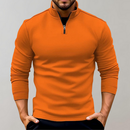 Orange Herrenpullover mit Reißverschluss, Langarm, modisch, bequem, Freizeitkleidung.