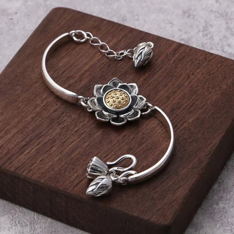 Silberarmband mit Lotusblume, verstellbar, handgefertigt, elegantes Design, Schmuck für Damen.