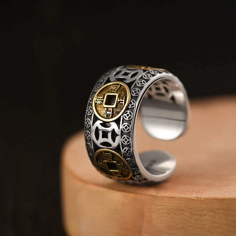 Silberner Ring mit goldenen Münzdetails, verstellbar, Vintage-Stil, Unisex-Schmuck.