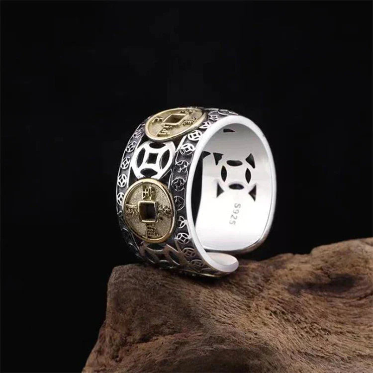 Silberring mit antiken Münzen, verstellbar, Herrenring, Vintage-Stil, Schmuckaccessoire.