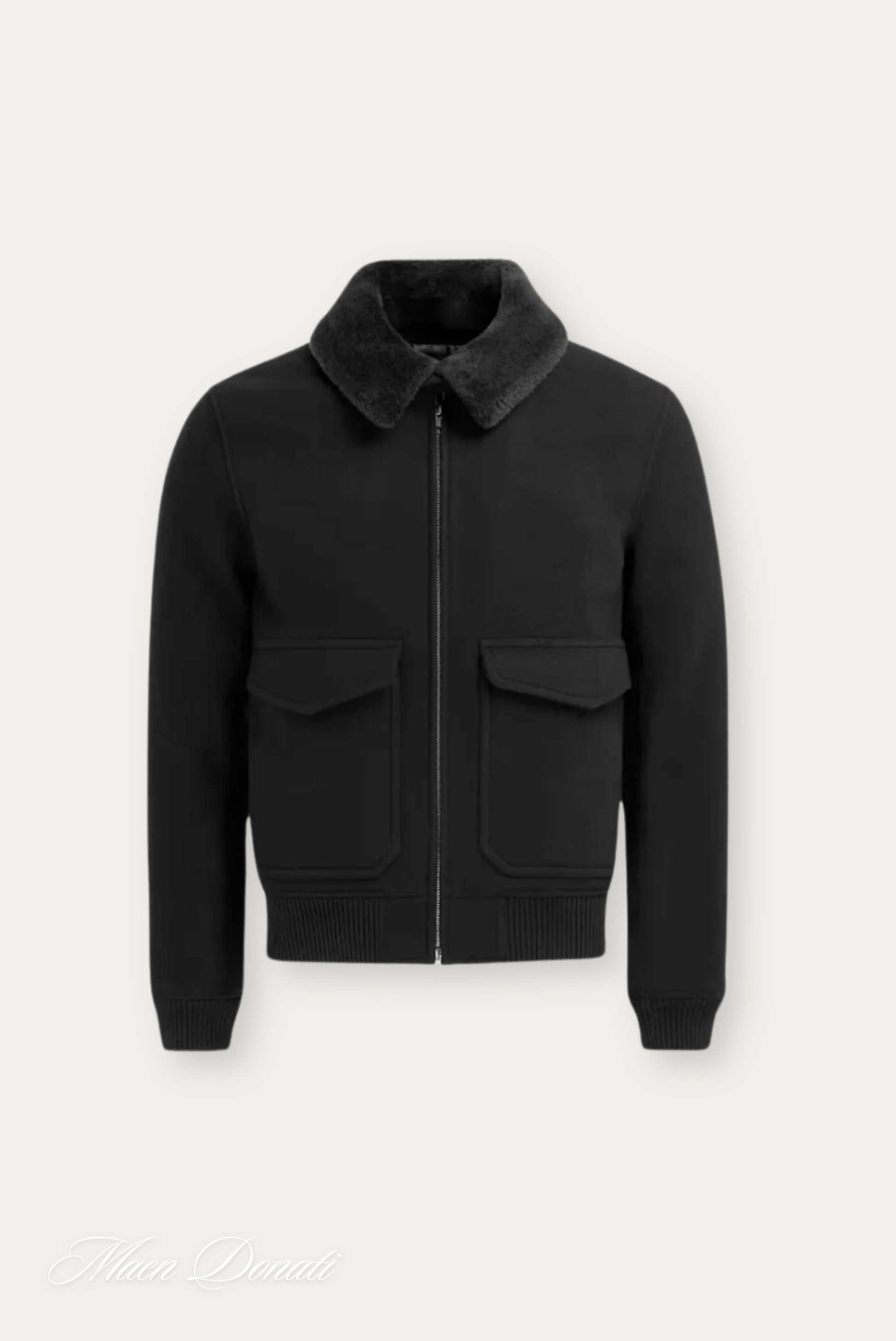 Schwarze Herrenjacke mit Reißverschluss, Fellkragen, Taschen, elegant, warm, Wintermode.