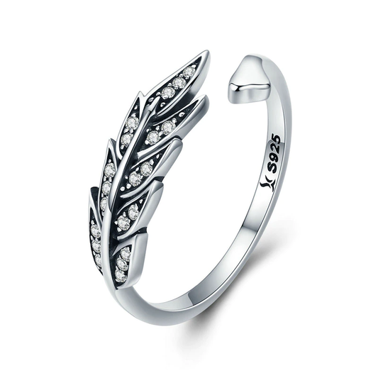 Silberner Feder-Ring mit Zirkonia-Steinen, verstellbar, S925, elegantes Schmuckdesign.