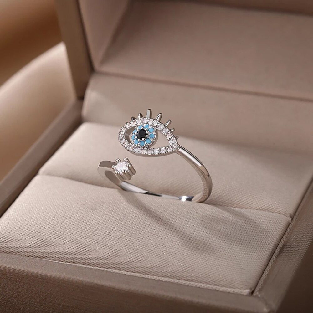 Silberring mit blauem Auge, Zirkonia-Steinen, verstellbar, in Schmuckschatulle, modisch.