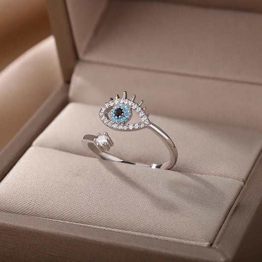Silberring mit blauem Auge, Zirkonia-Steinen, verstellbar, in Schmuckschatulle, modisch.