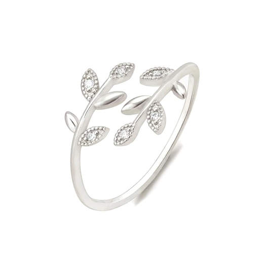 Silberner Damenring mit Blattdesign, Zirkonia-Steinen, eleganter Schmuck, Geschenkidee.