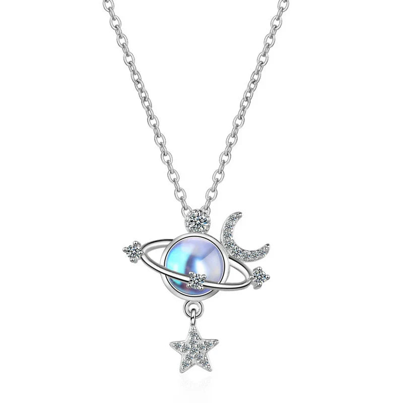 Silberne Halskette mit Planetenanhänger, Perle, Mond und Stern, Damen Schmuck, modisch.