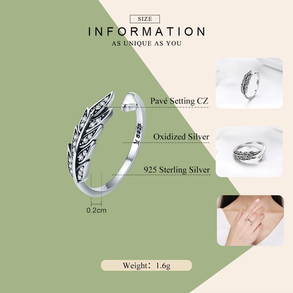 Silberner Ring mit Blattdesign, Pavé-Setting CZ, oxidiertes 925 Sterling Silber, 0,2 cm breit.