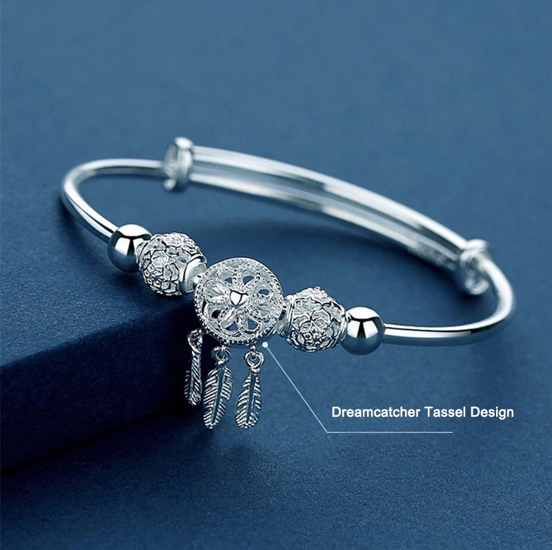 Silberarmband mit Traumfänger-Design, Quasten, verstellbar, Damen-Schmuck, elegant.