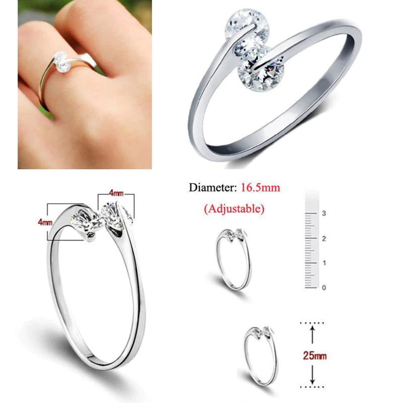 Silberner verstellbarer Ring mit zwei klaren Kristallen, elegantes Schmuckdesign für Damen.