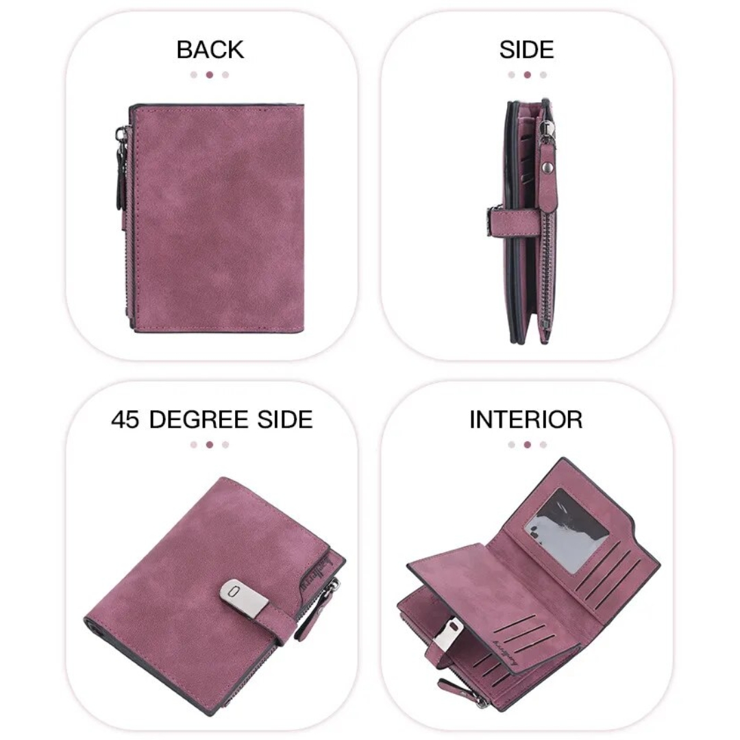 Lila Geldbörse mit Magnetverschluss, Leder, kompakt, mehrere Fächer, Damen Accessoire.