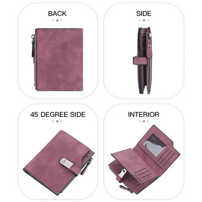 Lila Geldbörse mit Magnetverschluss, Leder, kompakt, mehrere Fächer, Damen Accessoire.