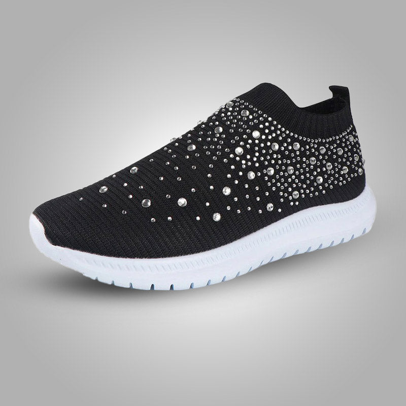 Schwarzer Damen-Sneaker mit Strasssteinen, atmungsaktiv, rutschfeste Sohle, modisch.