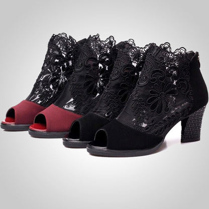 Damen Stiefeletten, schwarz und rot, mit Spitze, Blockabsatz, elegant, modisch, für Herbst.