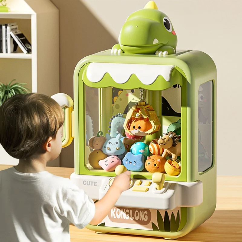 Kinderspielzeug Greifautomat Dinosaurier-Design, grün, mit Plüschtieren, interaktives Spielzeug.