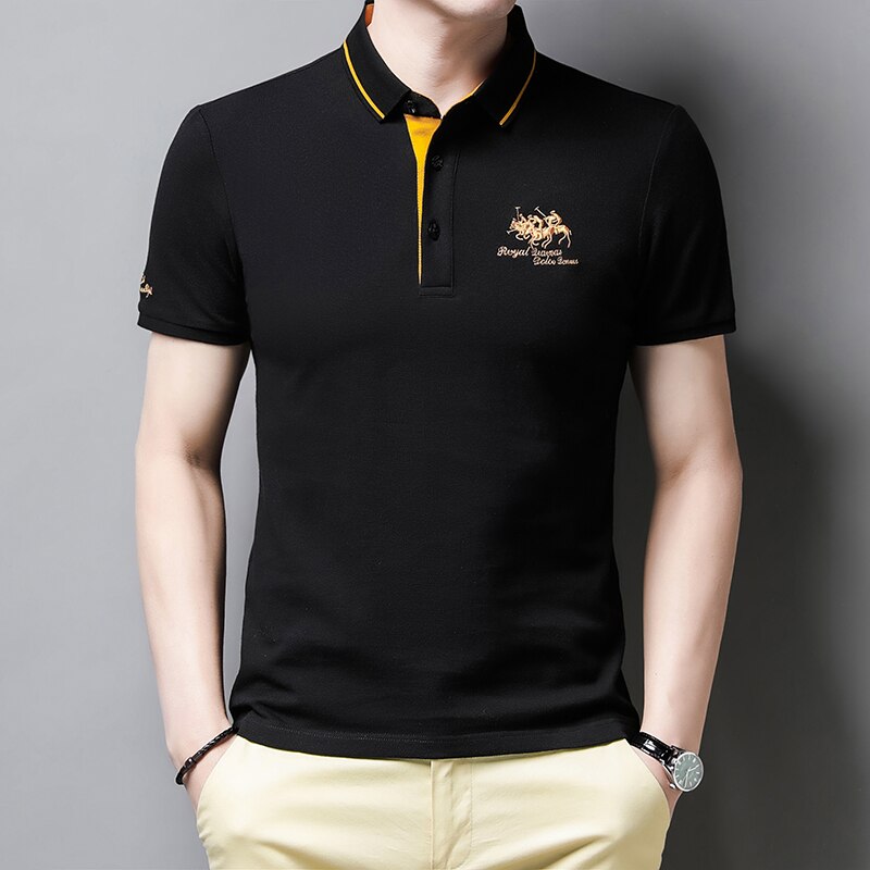 Schwarzes Herren-Poloshirt mit gelben Akzenten, Stickerei, Kurzarm, Baumwolle.
