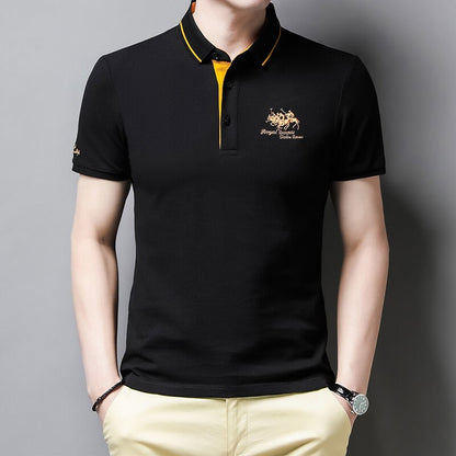 Schwarzes Herren-Poloshirt mit gelben Akzenten, Stickerei, Kurzarm, Baumwolle.