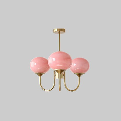 Rosa Kronleuchter mit drei Glaskugeln, goldene Halterung, modernes Design, Wohnzimmerbeleuchtung.