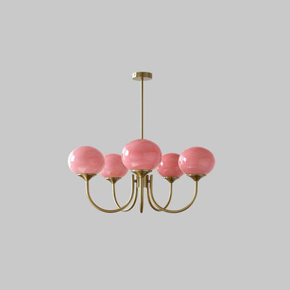 Rosa Kronleuchter mit goldenen Armen, modernes Design, Glaslampen, Wohnzimmerbeleuchtung.