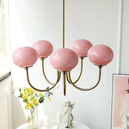 Rosa Kronleuchter mit Kugelglas, modernes Design, Wohnzimmerbeleuchtung, goldene Halterung.