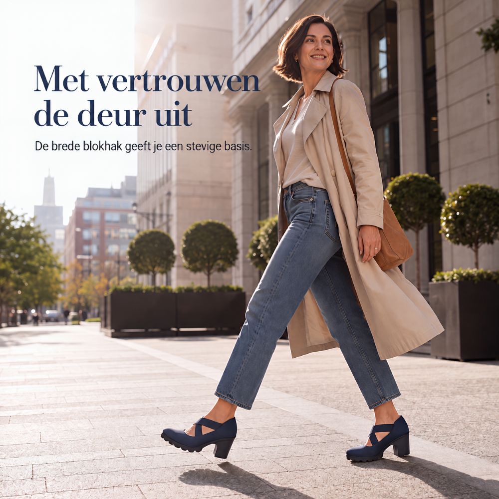 Leende kvinna i trenchcoat och jeans promenerar i staden med marinblå Mary Jane-skor med blockklack. 3