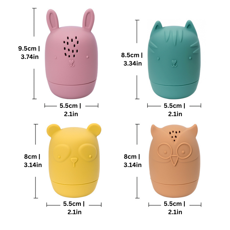 Vier bunte, tierförmige Bluetooth-Lautsprecher: rosa Hase, grüner Hund, gelber Bär, braune Eule.