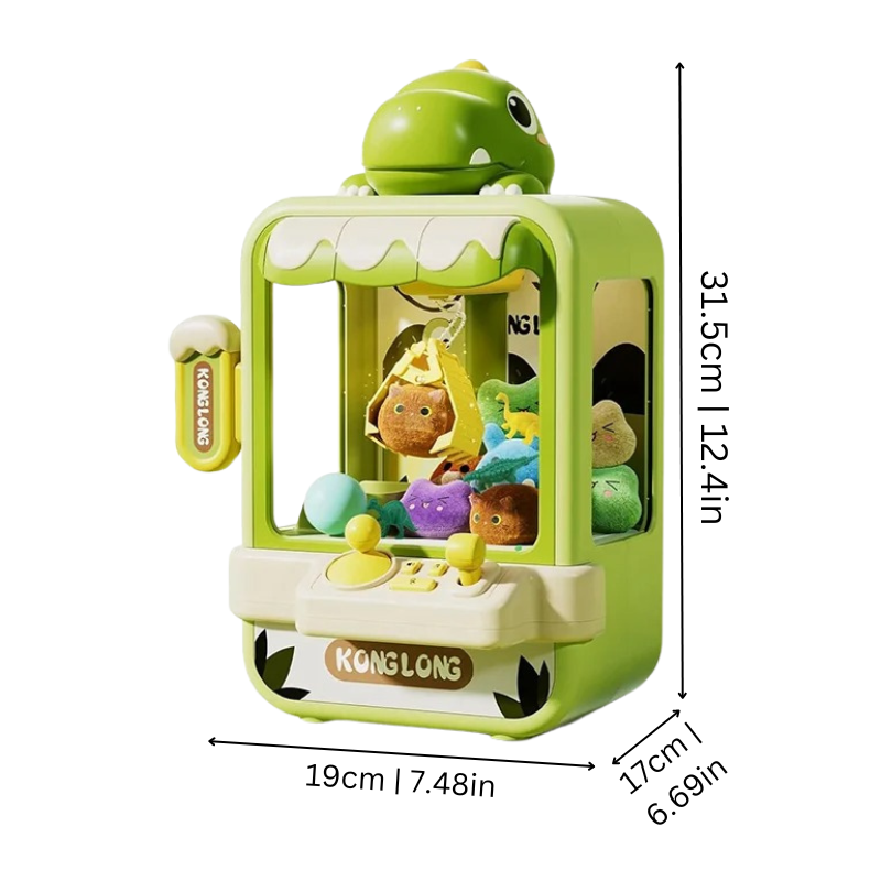 Grüner Dinosaurier-Spielautomat für Kinder, mit Plüschtieren, Maße 31,5x19x17 cm.