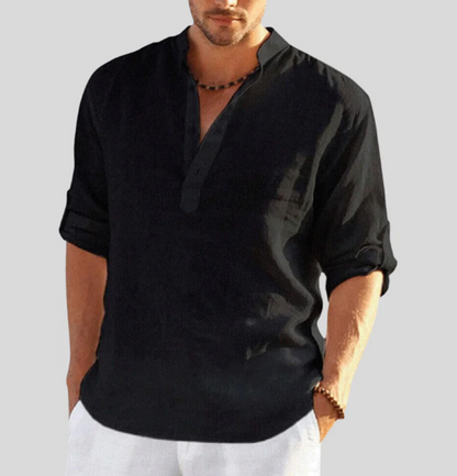 Schwarzes Leinenhemd für Herren mit Stehkragen, elegant, langärmelig, Freizeitmode.