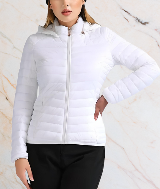 Weiße Damen-Daunenjacke mit Kapuze, gesteppte Winterjacke, modisch und warm.