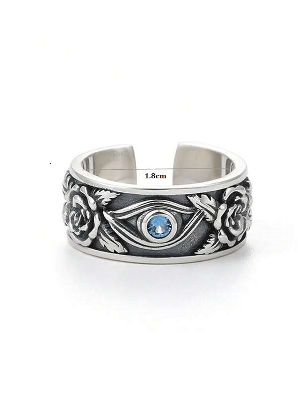 Silberring mit Rosenmuster und blauem Stein, 1,8 cm breit, Schmuck für Damen und Herren.