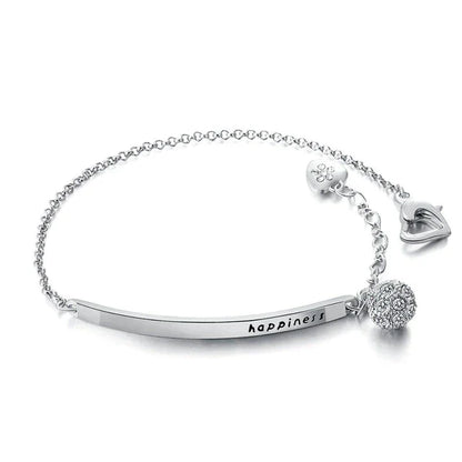 Silberarmband mit Gravur "happiness", Herzanhänger, Strasskugel, elegantes Schmuckdesign.