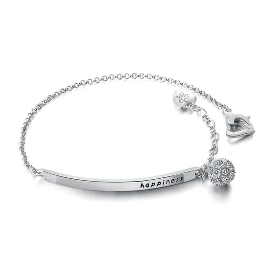 Silberarmband mit Gravur "happiness", Herzanhänger, Strasskugel, elegantes Schmuckdesign.