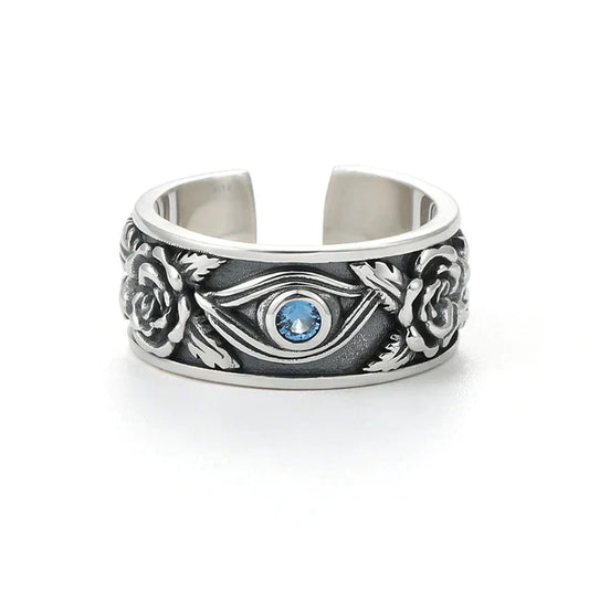 Silberring mit Rosenmotiv und blauem Edelstein, verstellbar, Schmuck für Damen und Herren.