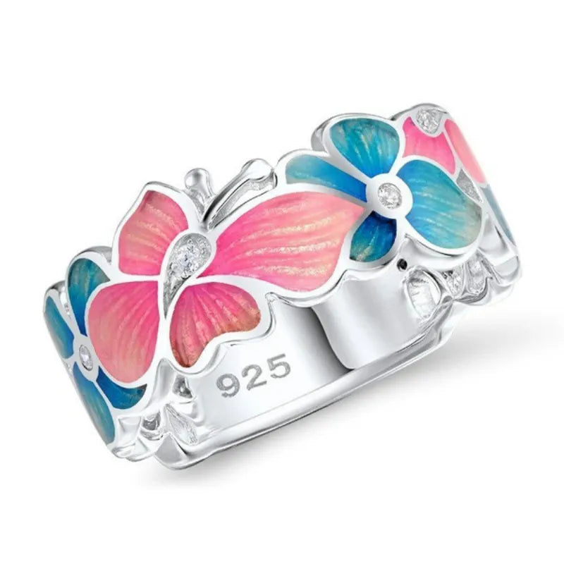 Silberring mit Schmetterling und Blumen, rosa-blau, 925 Sterling Silber, Damen Schmuck.