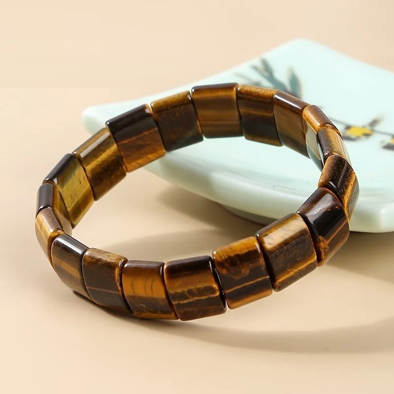 Tigerauge-Armband, braun, quadratische Perlen, Schmuck, Naturstein, modisch, Unisex-Accessoire.