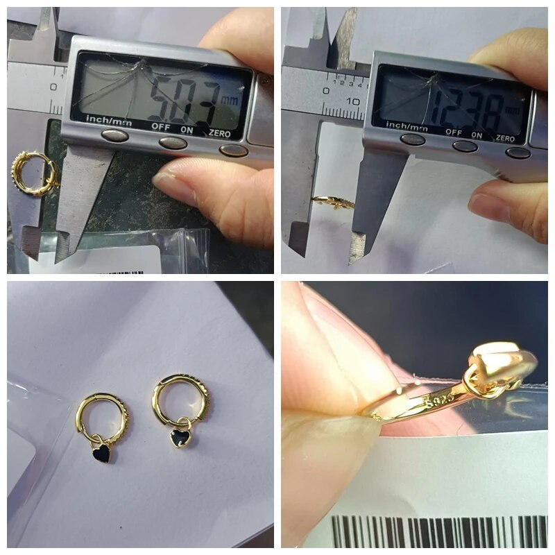 Goldene Creolen mit Herzanhänger, 5,8g, 18K, Schmuck, Messschieber, Detailansicht.