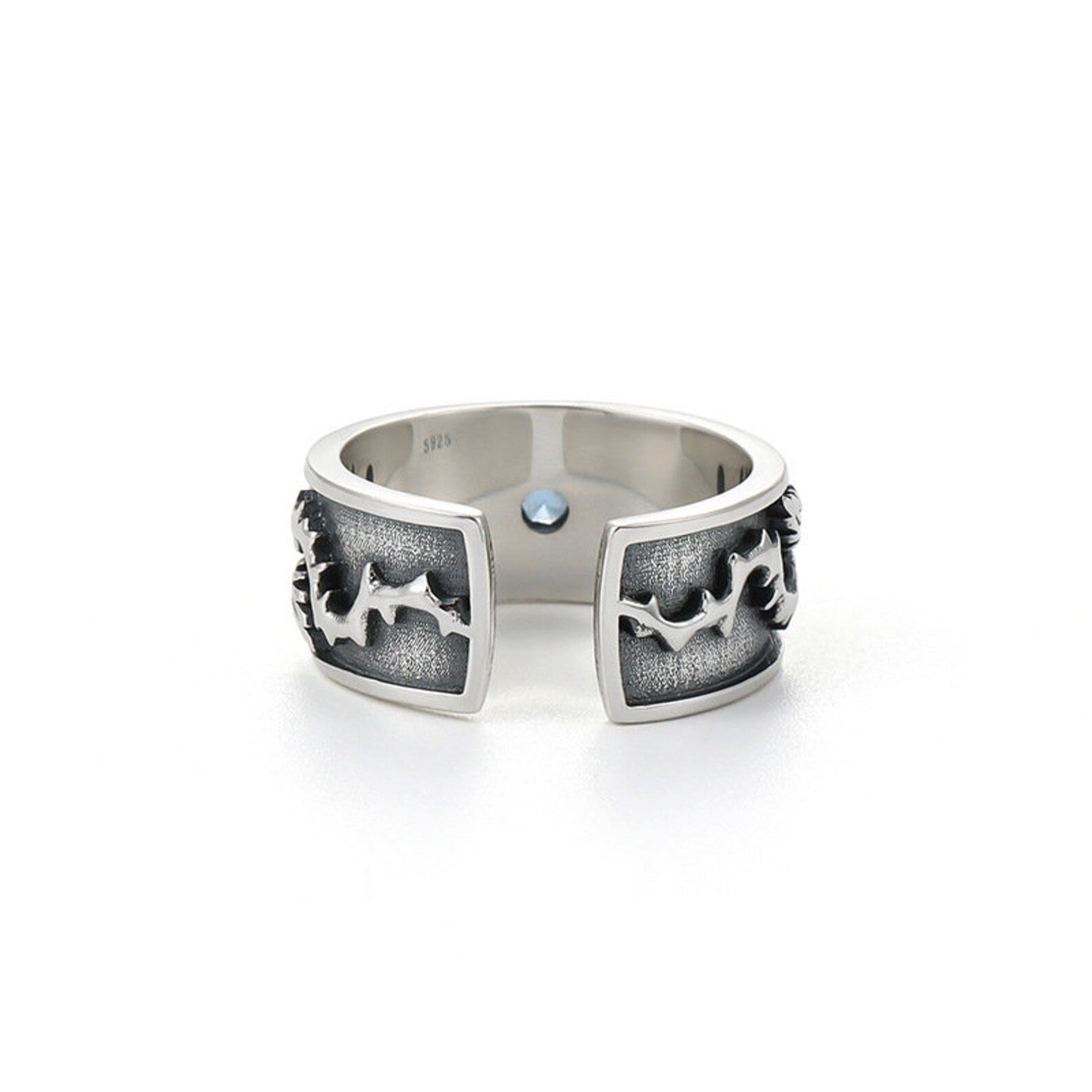 Silberring mit schwarzem Zackenmuster, offenes Design, Herrenring, Schmuckaccessoire