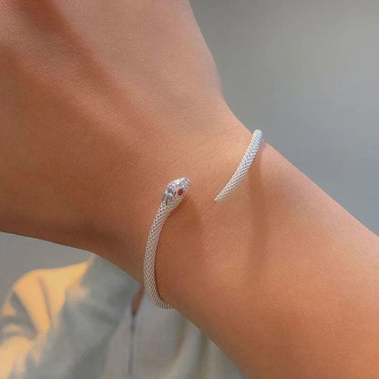 Silbernes Schlangenarmband am Handgelenk, elegantes Design, Schmuck für Damen.