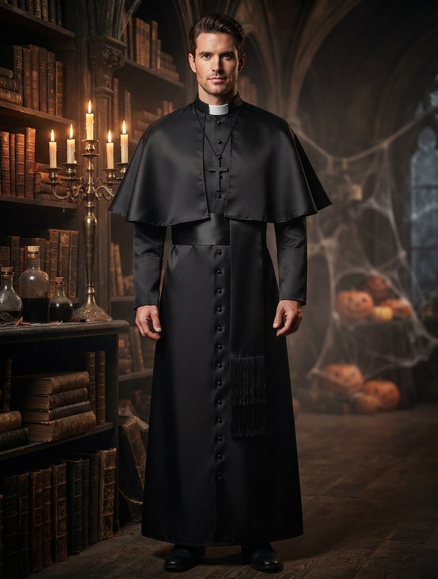 Man bär den svarta prästdräkten med cape och kors i ett mörkt bibliotek med ljus och pumpor 1