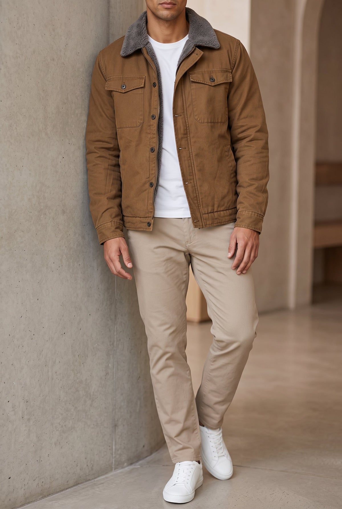 Man lutar mot en betongvägg i brun jacka med vit t-shirt, beige byxor och vita sneakers 2