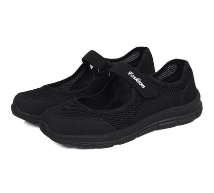 Schwarze Mesh-Sneaker, atmungsaktiv, bequem, Damen, Klettverschluss, modisch.
