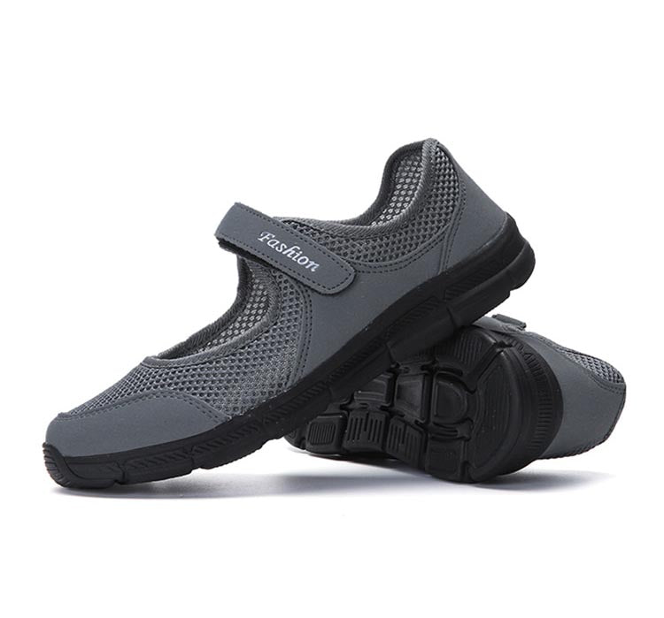 Graue Mesh-Sneaker, atmungsaktiv, komfortabel, Damen, Klettverschluss, rutschfeste Sohle.