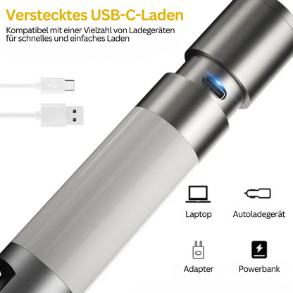 Tragbare silberne Powerbank mit USB-C-Anschluss, kompatibel mit Laptop und Autoladegerät.