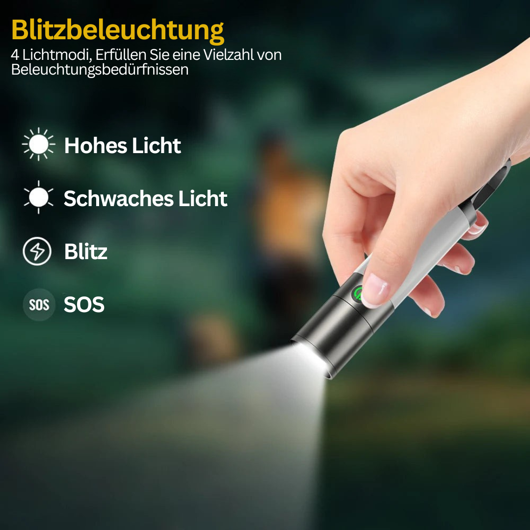 Hand hält schwarze LED-Taschenlampe, vier Lichtmodi, tragbar, leistungsstark, SOS-Funktion.