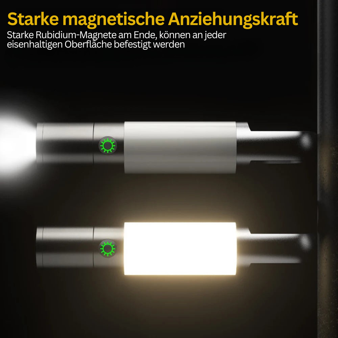 Zwei LED-Taschenlampen mit starker magnetischer Halterung, schwarz und weiß, leuchtend.
