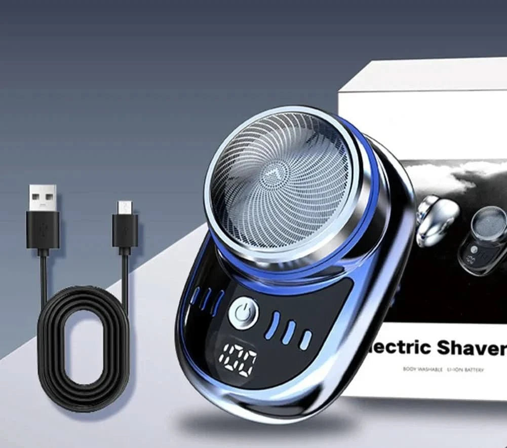 Blå rakapparat bredvid en svart USB-laddkabel och en vit presentförpackning med bilder av apparaten. 2